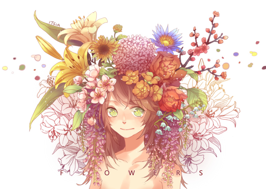 1girl bare_shoulders brown_hair cherry_blossom female flower green_eyes hair_flower itsia itsiaorz lilac looking_at_viewer original petals smile solo sun sunflower topless yellow_flower