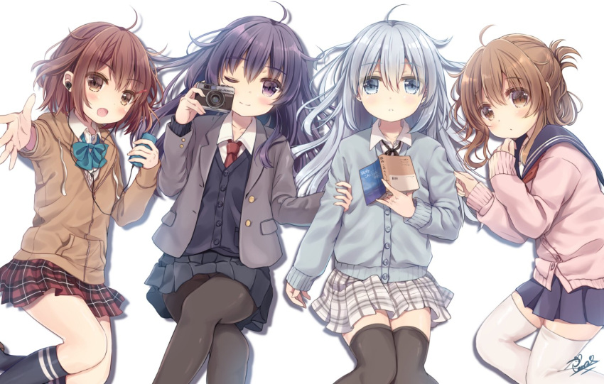 &gt;:o 4girls :o akatsuki_(kantai_collection) black_legwear blue_eyes book bow bowtie brown_eyes brown_hair camera cardigan casual cellphone commentary_request folded_ponytail hair_ornament hairclip hibiki_(kantai_collection) highres ikazuchi_(kantai_collection) inazuma_(kantai_collection) kantai_collection legs_crossed long_hair lying mitsuki_ponzu multiple_girls necktie on_back one_eye_closed pantyhose parted_lips phone plaid plaid_skirt pleated_skirt purple_hair sailor_collar short_hair signature skirt smile thigh-highs violet_eyes white_background white_hair white_legwear