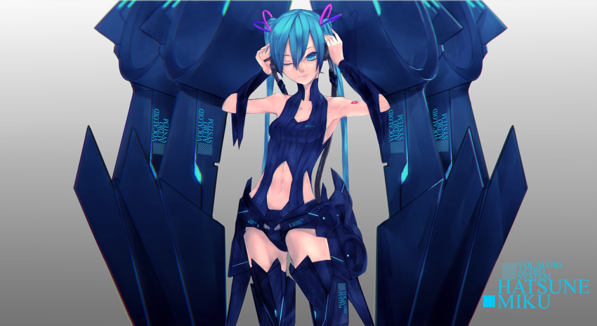 1girl alternate_costume blue_eyes blue_hair blurry boots breasts character_name cleavage female gradient hands_on_headphones hatsune_miku headphones highres jun_project junp long_hair midriff one_eye_closed open_mouth shoes simple_background sleeveless solo speaker thigh-highs thigh_boots twintails vocaloid wink