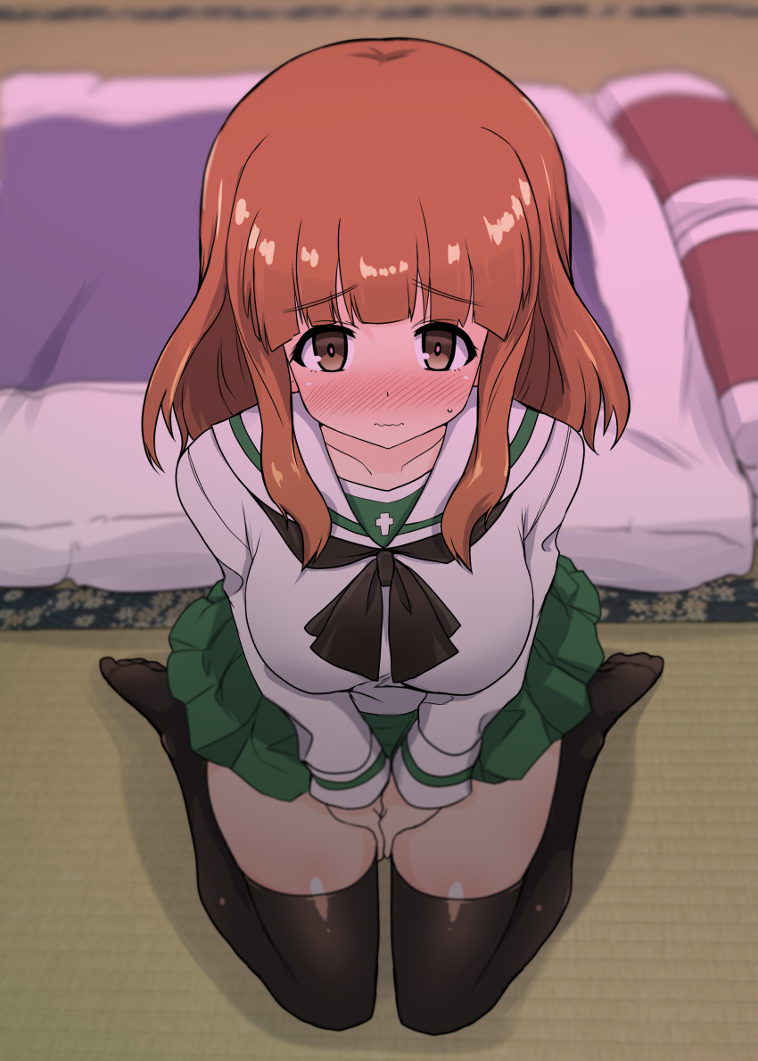 1girl absurdres animal_print bangs between_legs black_legwear black_neckwear blouse blunt_bangs blurry blurry_background blush closed_mouth commentary cow_print depth_of_field eyebrows_visible_through_hair frown futon girls_und_panzer green_skirt hand_between_legs highres indoors kumo_(atm) long_hair long_sleeves looking_at_viewer miniskirt neckerchief ooarai_school_uniform orange_eyes orange_hair pleated_skirt sailor_collar school_uniform serafuku sitting skirt solo sweatdrop takebe_saori tatami thigh-highs wariza white_blouse white_sailor_collar