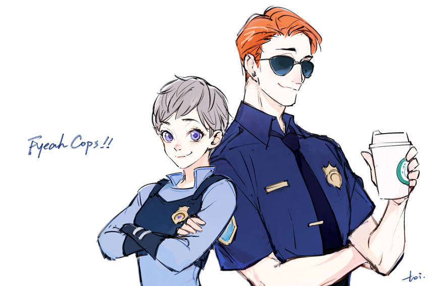 1boy 1girl artist_request coffee_cup crossed_arms disney glasses humanization judy_hopps looking_at_viewer necktie nick_wilde paper_cup police police_uniform simple_background smirk sunglasses uniform upper_body white_background zootopia