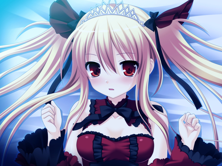 1girl bare_shoulders blonde_hair bloody_rondo blush breasts female game_cg hair_ornament hair_ribbon highres lolita_fashion long_hair looking_at_viewer luna_freed_queen lying makita_maki on_back open_mouth red_eyes ribbon solo tiara tied_hair twintails