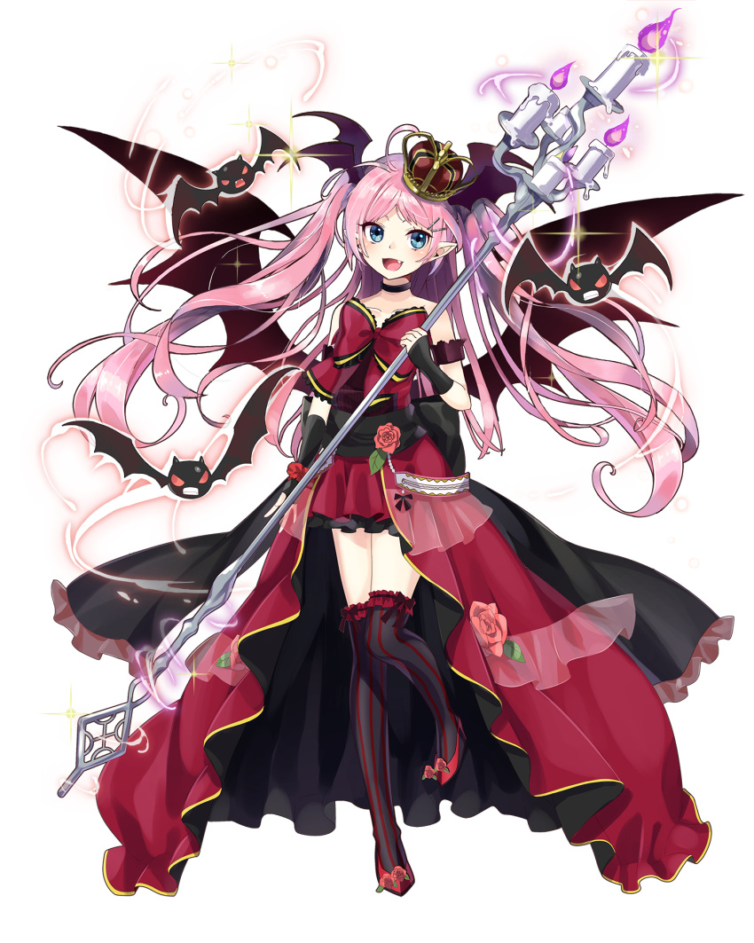 1girl armband bat bat_wings blue_eyes candle candlelight choker crown dress fang floating_hair full_body hair_ornament hairclip head_wings highres holding holding_staff long_hair magic official_art open_mouth over-kneehighs pink_hair pointy_ears royal_flush_heroes solo staff strapless strapless_dress striped striped_legwear sylvia_(royal_flush_heroes) thigh-highs wings