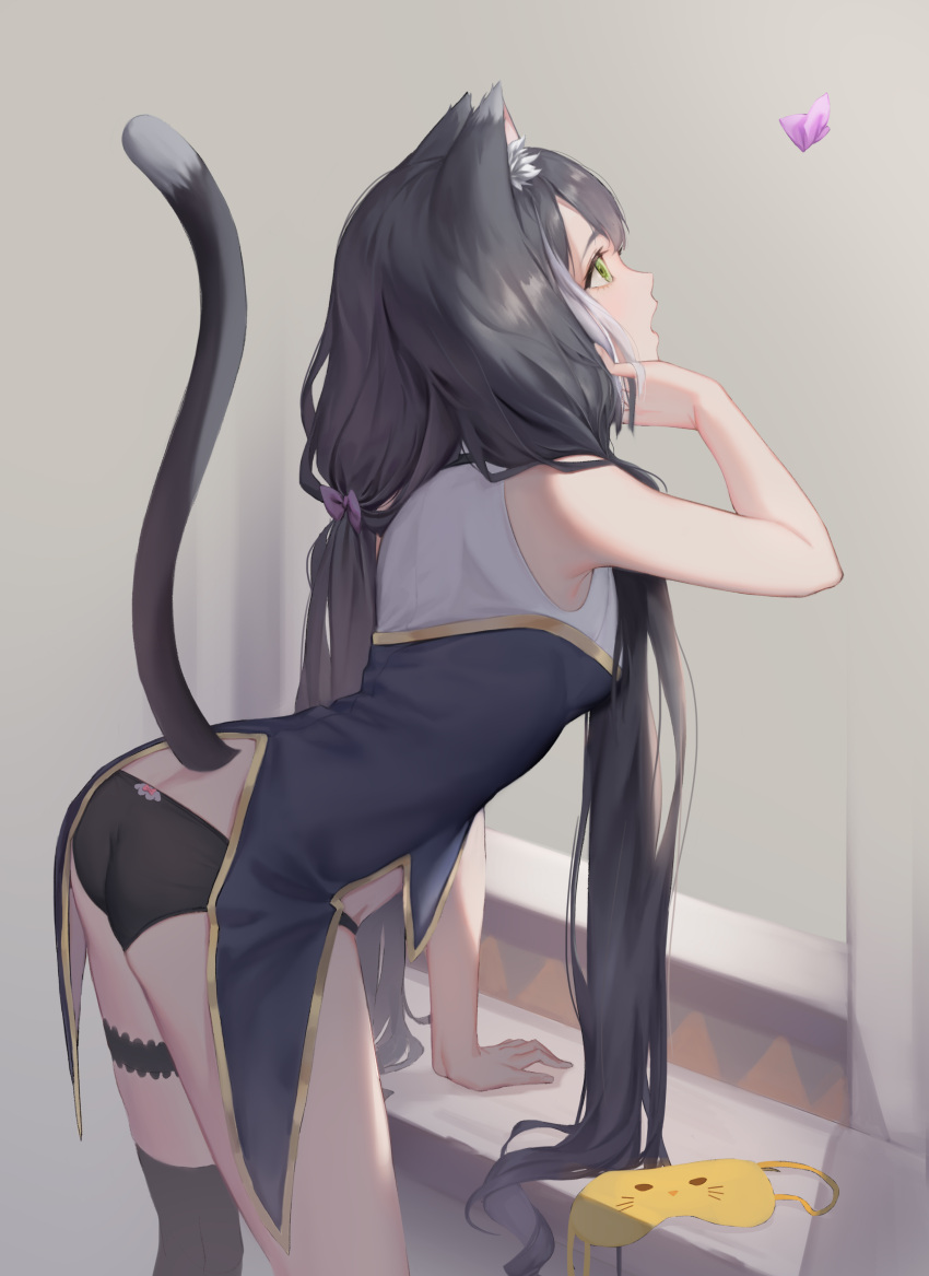 1girl absurdres animal_ear_fluff animal_ears bare_legs bbul_horn black_hair black_panties butt_crack cat_ears cat_girl cat_tail green_eyes grey_background hair_over_shoulder highres karyl_(princess_connect!) leaning_forward long_hair looking_up open_mouth panties princess_connect! profile shiny shiny_hair sleeveless solo tail thigh_strap twintails underwear very_long_hair