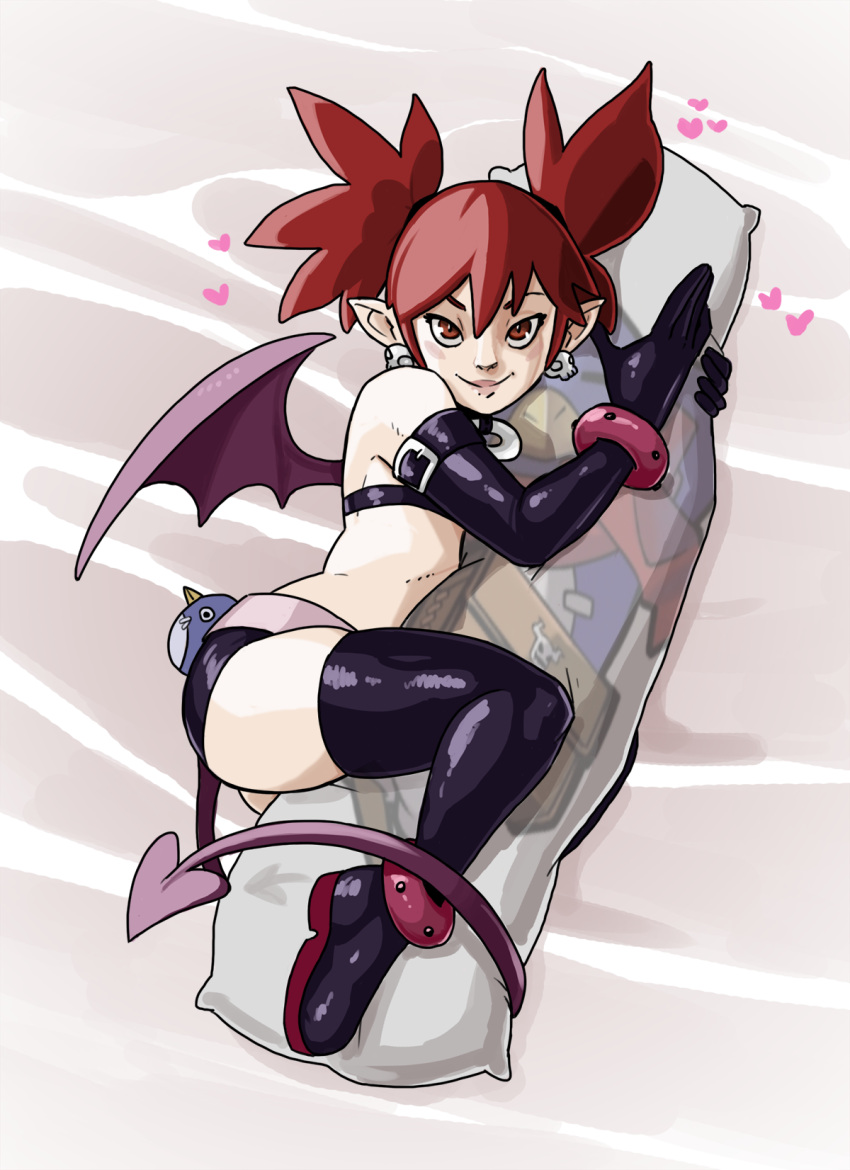 1girl ass blush body_pillow demon_tail demon_wings disgaea elbow_gloves etna gloves penelope_and_me pillow pointy_ears prinny red_eyes redhead short_skirt smile solo tail thigh_boots tied_hair twintails wings