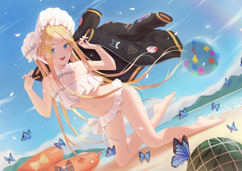 1girl :d abigail_williams_(fate) abigail_williams_(swimsuit_foreigner)_(fate) ball bangs barefoot beach beachball bikini black_jacket blonde_hair blue_eyes blue_sky blush bow braid bug butterfly collarbone day dutch_angle fat123 fate/grand_order fate_(series) flat_chest floating_hair food fruit full_body hair_bow hat highres holding holding_clothes holding_jacket innertube jacket kneeling long_hair looking_at_viewer navel ocean outdoors parted_bangs ribbon shiny shiny_hair sky smile solo summer swimsuit very_long_hair watermelon white_bikini white_bow white_headwear white_ribbon