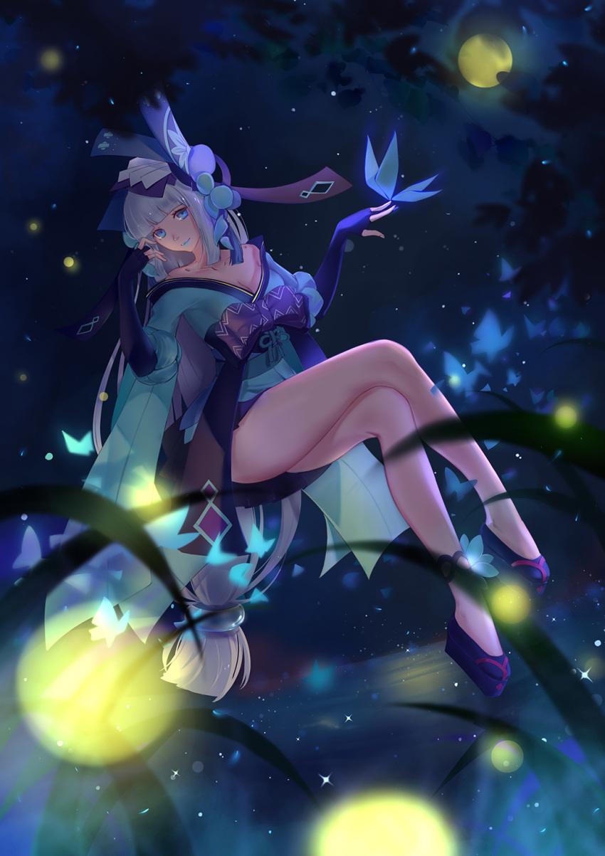 1girl aoandon asanogawa_(tutufcc) ass bangs bare_shoulders blue_eyes blue_lipstick blunt_bangs breasts butterfly cleavage fireflies floating gloves hair_ornament highres japanese_clothes legs legs_crossed lipstick long_hair looking_at_viewer low-tied_long_hair makeup miniskirt night off_shoulder onmyoji partly_fingerless_gloves platform_footwear pleated_skirt sitting skirt smile solo very_long_hair white_hair