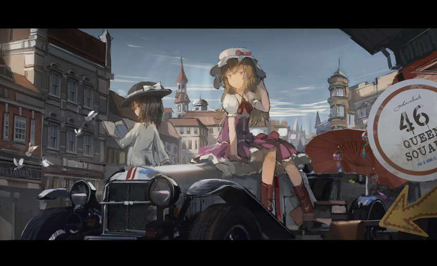 2girls bird blonde_hair book boots bow brown_boots brown_eyes brown_hair building car city dress ground_vehicle hand_in_hair hat hat_bow headlights highres holding holding_book long_hair maribel_hearn mob_cap motor_vehicle multiple_girls necktie novelance open_book oriental_umbrella puffy_short_sleeves puffy_sleeves purple_dress red_bow road_sign short_hair short_sleeves sign sitting sitting_on_object sky touhou umbrella usami_renko white_bow white_hat