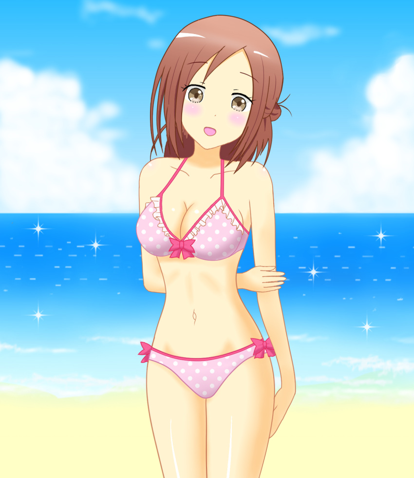 1girl :d beach bikini bows fujimiya_kaori isshuukan_friends jophiel ocean pink_bikini pink_swimsuit polka_dot_bikini polka_dot_swimsuit sparkles swimsuit tagme water