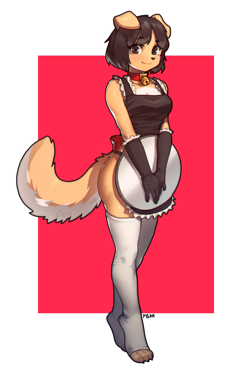 1girl animal_ears apron artist_name bell black_eyes black_hair border breasts collar dog_ears dog_girl dog_tail eyebrows_visible_through_hair fang full_body furry furry_female gloves highres holding holding_tray looking_at_viewer maid maid_apron medium_breasts neck_bell original panties pgm300 red_background short_hair smile solo standing tail thigh-highs toeless_legwear tray two-tone_background underwear watermark white_border