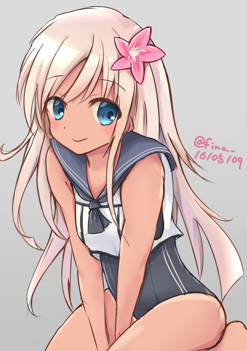 1girl blonde_hair blue_eyes blush crop_top dated fino flower hair_flower hair_ornament kantai_collection one-piece_swimsuit one-piece_tan ro-500_(kantai_collection) simple_background swimsuit tan tanline twitter_username