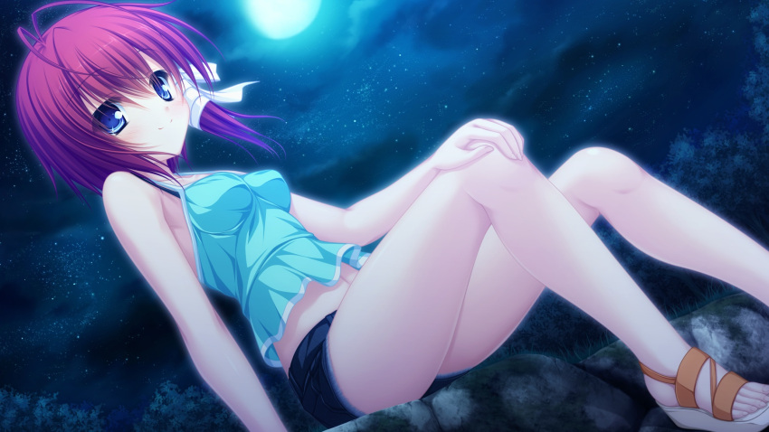 1girl blue_eyes blush female grass highres justy_x_nasty kuroki_kirie leaf looking_at_viewer mikagami_mamizu moon navel night outdoors redhead short_hair shorts smile stars tree whirlpool