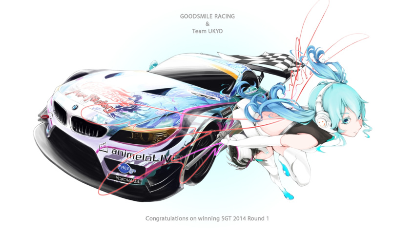 1girl aqua_eyes aqua_hair bmw boots car elbow_gloves female fringe gloves goodsmile_racing hatsune_miku headphones highres holding inscription leaning leaning_forward long_hair looking_away moti_moti_omoti racing solo thigh-highs twintails vocaloid white_gloves