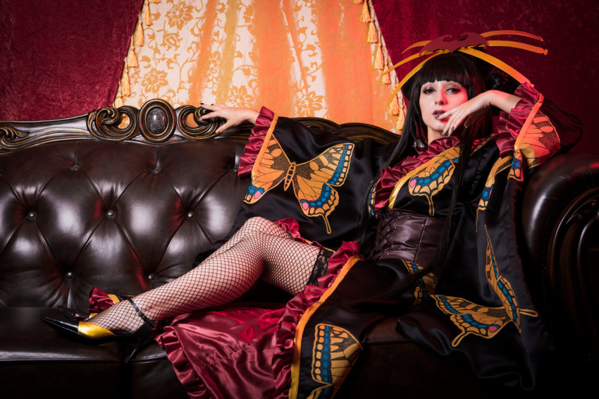 1girl bangs black_hair butterfly butterfly_print corset cosplay couch fishnets gold_nails high_heels ichihara_yuuko japanese_clothes kimono lady_rosetea long_hair nail_polish photo solo thigh-highs tufted_upholstery xxxholic