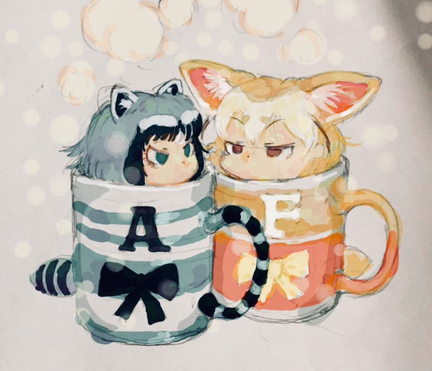 2girls animal_ears black_bow black_hair blonde_hair bow common_raccoon_(kemono_friends) cup eyebrows_visible_through_hair fennec_(kemono_friends) fox_ears fox_tail grey_hair in_container in_cup kemono_friends mug multicolored_hair multiple_girls raccoon_ears raccoon_tail short_hair tail user_uuha4544 yellow_bow