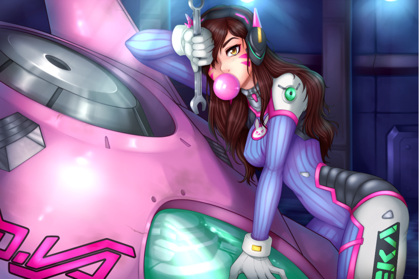 1girl bodysuit bubble_blowing bubblegum d.va_(overwatch) hair_over_one_eye looking_at_viewer mecha overwatch solo spewing_mews wrench