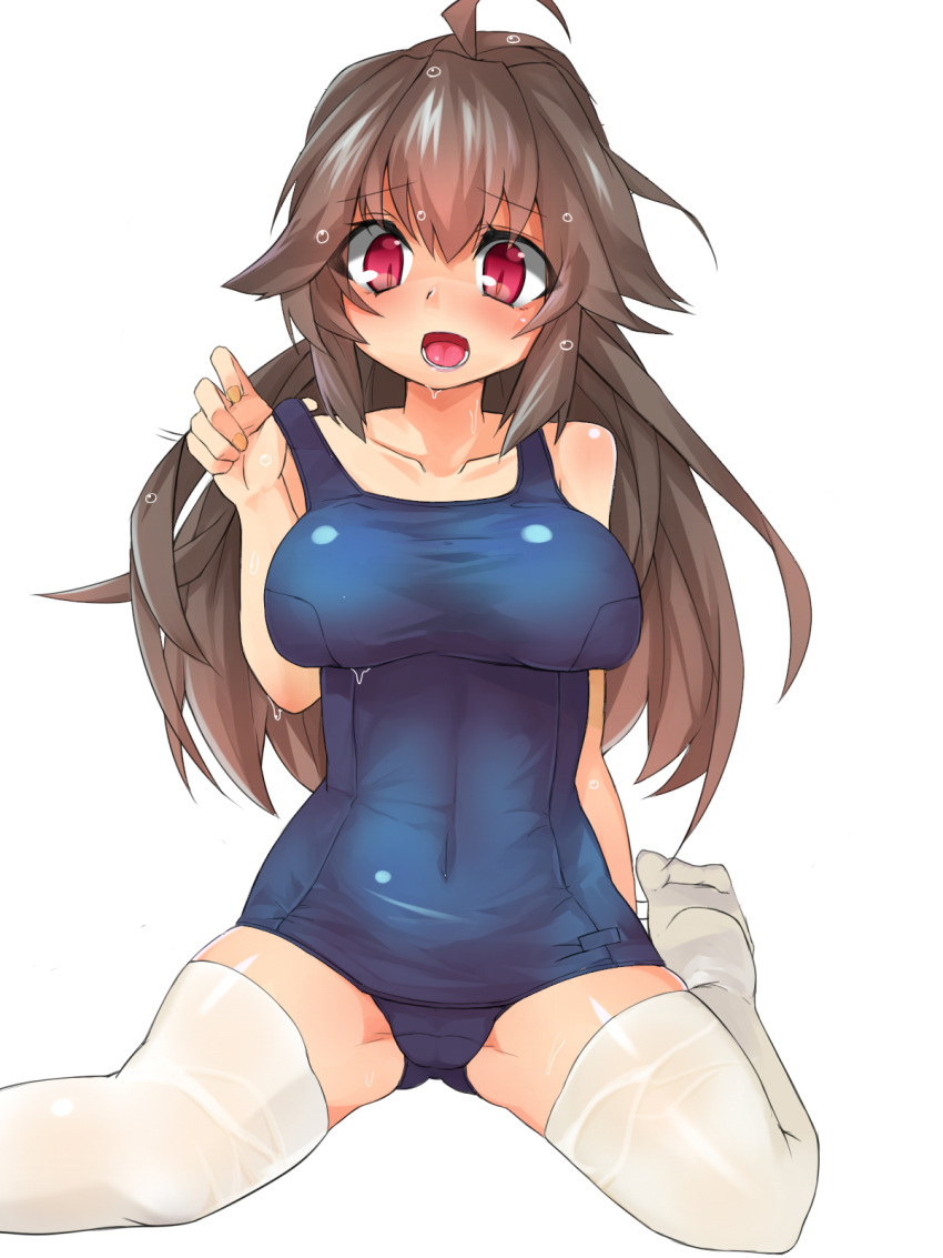 1girl ahoge arunira bare_shoulders blue_swimsuit blush breasts brll brown_hair collarbone highres long_hair old_school_swimsuit one-piece_swimsuit open_mouth original purple_skin red_eyes school_swimsuit simple_background sitting solo swimsuit swimsuit_lift thigh-highs wariza wet white_background white_legwear