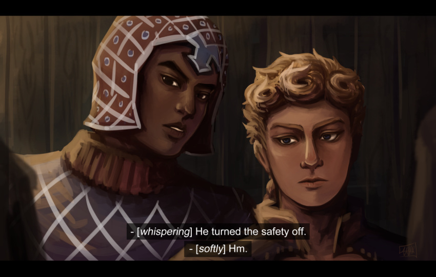 2boys alternate_skin_color black_eyes blonde_hair blue_eyes braid dark_skin dark_skinned_male giorno_giovanna guido_mista hat jojo_no_kimyou_na_bouken letterboxed male_focus multiple_boys single_braid subtitled turtleneck wooden_wall wystars