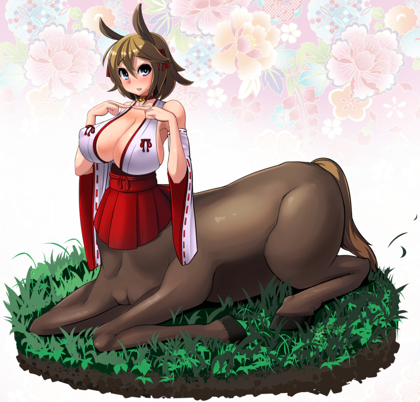 1girl animal_ears bare_shoulders blue_eyes blush breasts brown_hair centaur choker cleavage detached_sleeves huge_breasts japanese_clothes looking_at_viewer miko monster_girl open_mouth perky_breasts ribbon-trimmed_sleeves ribbon_trim short_hair sitting solo umigarasu_(magipro)