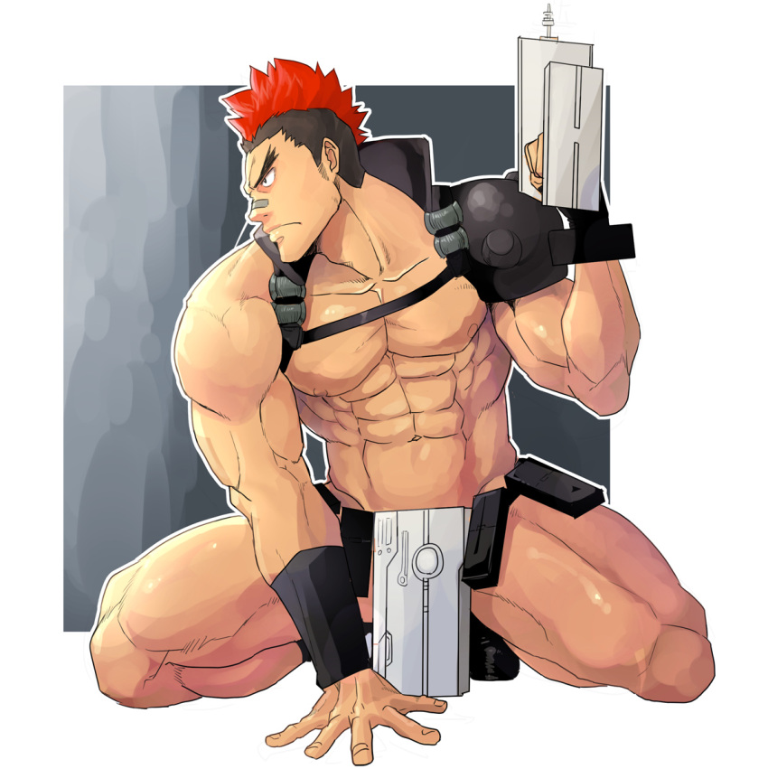 1boy abs bandaid male_focus multicolored_hair muscle nipples pecs solo tagme weapon winemvee