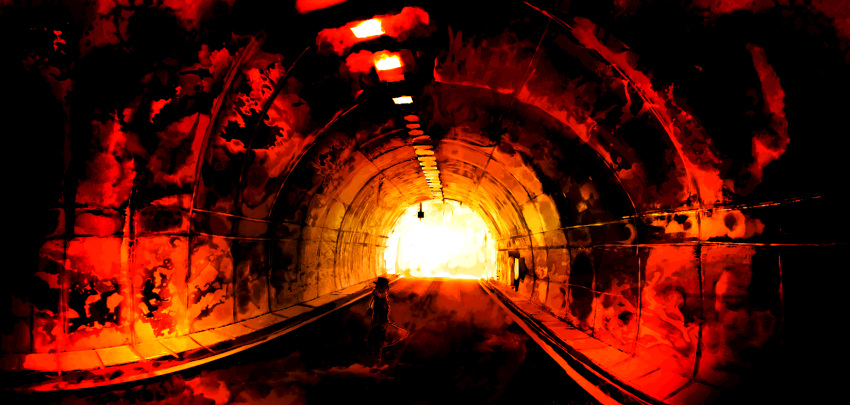 1girl brick_wall ceiling_light commentary_request from_behind hat highres orange_(color) road skirt solo sunlight touhou tunnel usami_renko walking_away yoshioka_yoshiko