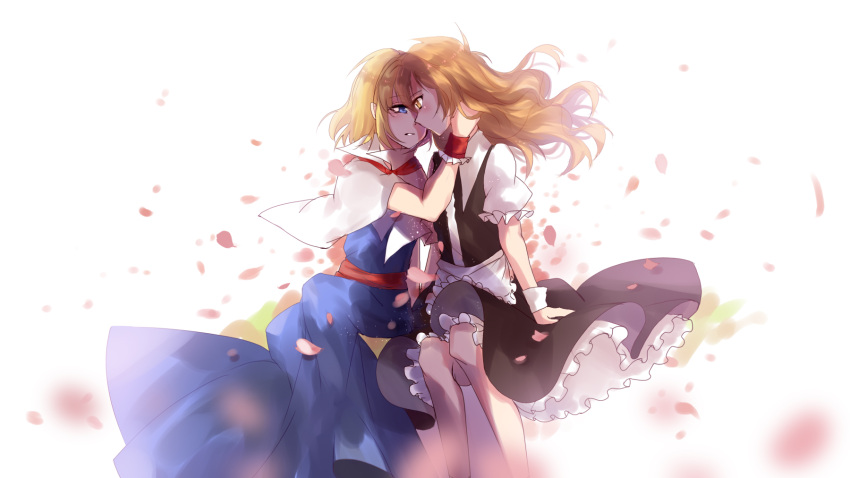 2girls alice_margatroid apron blonde_hair blue_dress blue_eyes capelet cui_ying dress eye_contact forehead-to-forehead frilled_skirt frills gradient gradient_background hand_on_another's_head highres kirisame_marisa knee_up long_hair looking_at_another multiple_girls no_hairband no_hat no_headwear parted_lips petals puffy_short_sleeves puffy_sleeves sash short_hair short_sleeves sitting skirt skirt_hold skirt_set touhou waist_apron wind wrist_cuffs yellow_eyes yuri