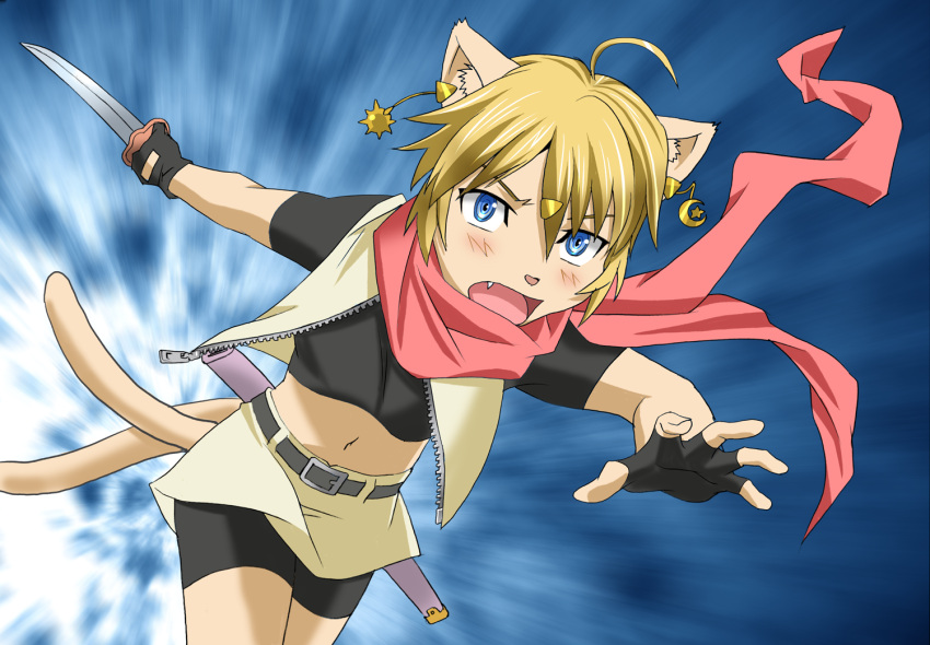 1girl animal_ears attacking blonde_hair blue_eyes cat fang female furry gradient gradient_background midriff navel open_mouth platin_(alios) short_hair skirt solo