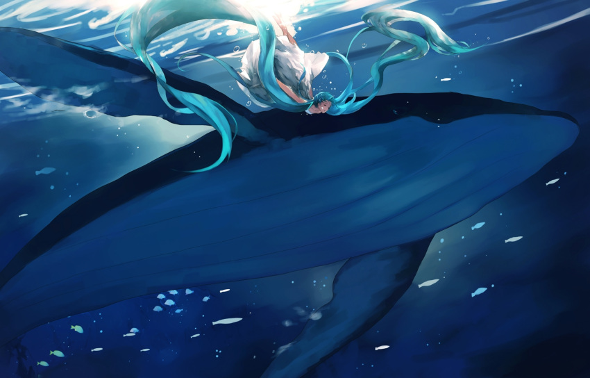 1girl animal aqua_hair blue_eyes closed_eyes dress female fish hatsune_miku highres long_hair solo twintails underwater vocaloid water whale white_dress white_outfit yong_kit_lam