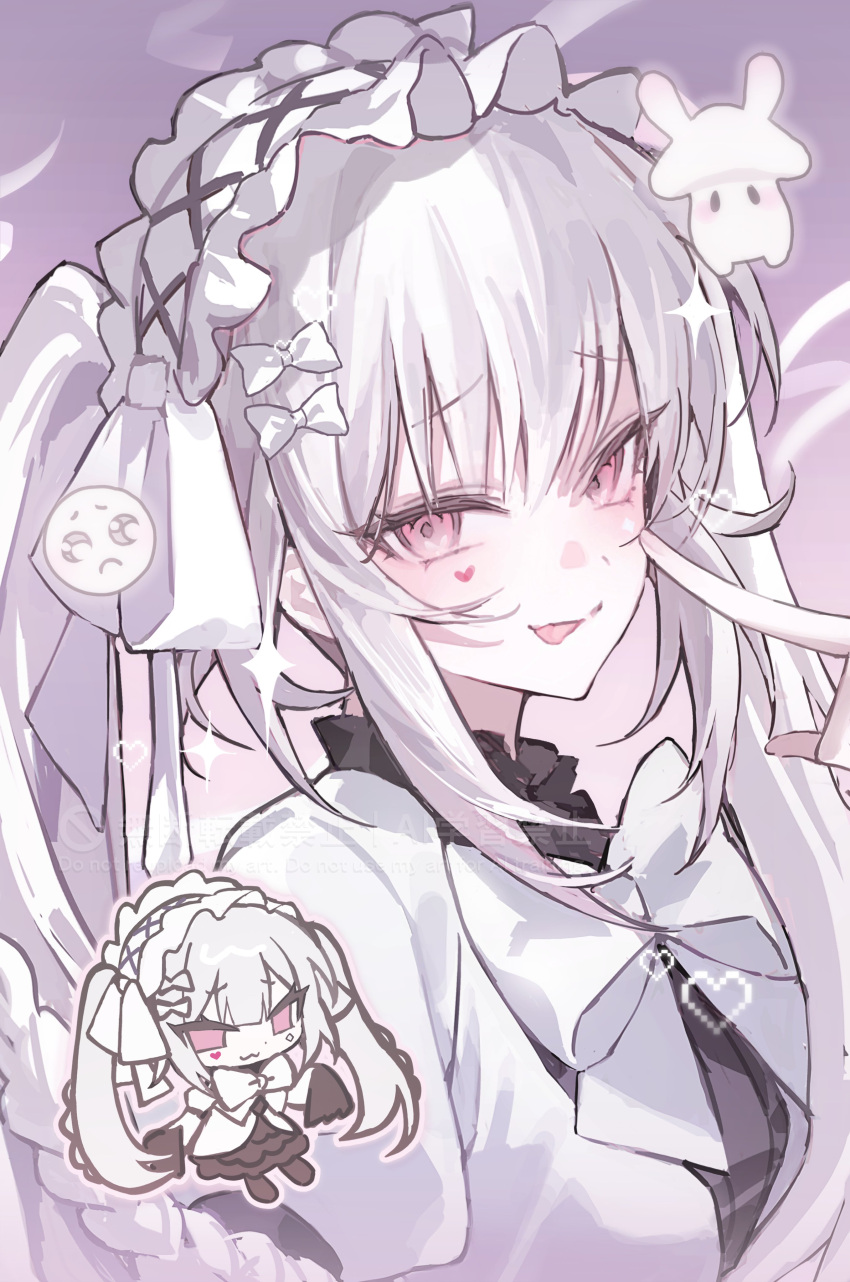 1girl :3 absurdres bccch123 bow chibi closed_mouth commentary diamond_(shape) diamond_facial_mark diamond_on_cheek dress facial_mark frilled_hairband frills hair_bow hairband heart heart_facial_mark heart_on_cheek highres honkai:_star_rail honkai_(series) mark_under_both_eyes pink_eyes sad solo sparkle_(honkai:_star_rail) sparxie_(honkai:_star_rail) tongue tongue_out untranslatable_commentary upper_body white_bow white_dress white_hair white_hairband