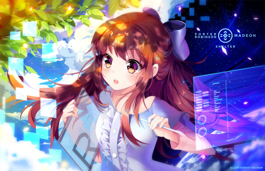 1girl :o artist_name bangs blue_ribbon blue_sky blush branch breasts brown_eyes brown_hair buttons clouds cloudy_sky copyright_name display dress eyebrows eyebrows_visible_through_hair frilled_dress frills hair_ribbon half_updo holding holding_pen leaf light_particles long_hair long_sleeves medium_breasts open_mouth pink_shirt planet ribbon rin_(shelter) shelter_(music_video) shirt sky solo squadra star_(sky) starry_sky tablet teeth upper_body watermark