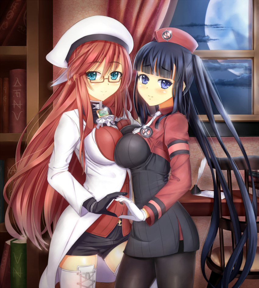 2girls ati_(sekien_no_inganock) aty_(summon_night) black_gloves black_hair black_legwear black_shorts blue_eyes boots breast_press breasts brown_hair cafeore eyebrows eyebrows_visible_through_hair glasses gloves hat highres indoors long_hair looking_at_viewer medium_breasts moon multiple_girls night pantyhose ribbed_sweater short_shorts shorts smile summon_night summon_night_5 sweater symmetrical_docking thigh-highs thigh_boots white_boots white_gloves