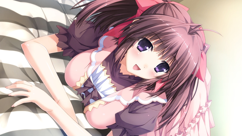1girl bed berry's blush brown_hair dress game_cg hair_bow highres izuno_youko looking_at_viewer open_mouth short_hair sphere violet_eyes