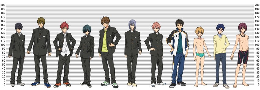 6+boys everyone free! gakuran hazuki_nagisa height_chart high_speed! kirishima_ikuya kirishima_natsuya male_focus matsuoka_rin multiple_boys nanase_haruka_(free!) ryuugazaki_rei serizawa_nao shigino_kisumi shiina_asahi swim_briefs swim_trunks tachibana_makoto topless yamazaki_sousuke