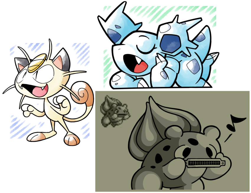 bulbasaur closed_eyes fang fangs harmonica meowth nidorina pokemon shenanimation yawning