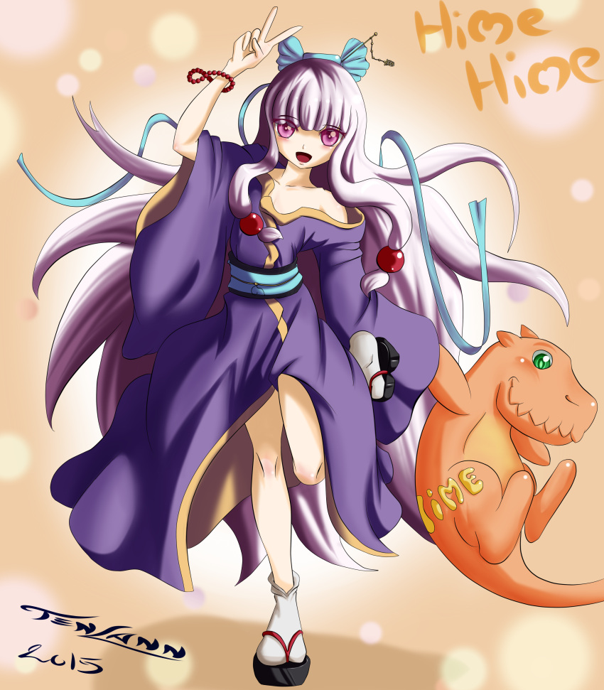 1girl black_shoes bracelet braid dinosaur eyebrows_visible_through_hair female full_body geta hair_ornament hair_ribbon highres holding japanese_clothes jewelry kimono long_hair long_sleeves obi open_mouth platform_footwear plush princess purple_hair ribbon sash smile tabi tenlann tongue violet_eyes wide_sleeves young