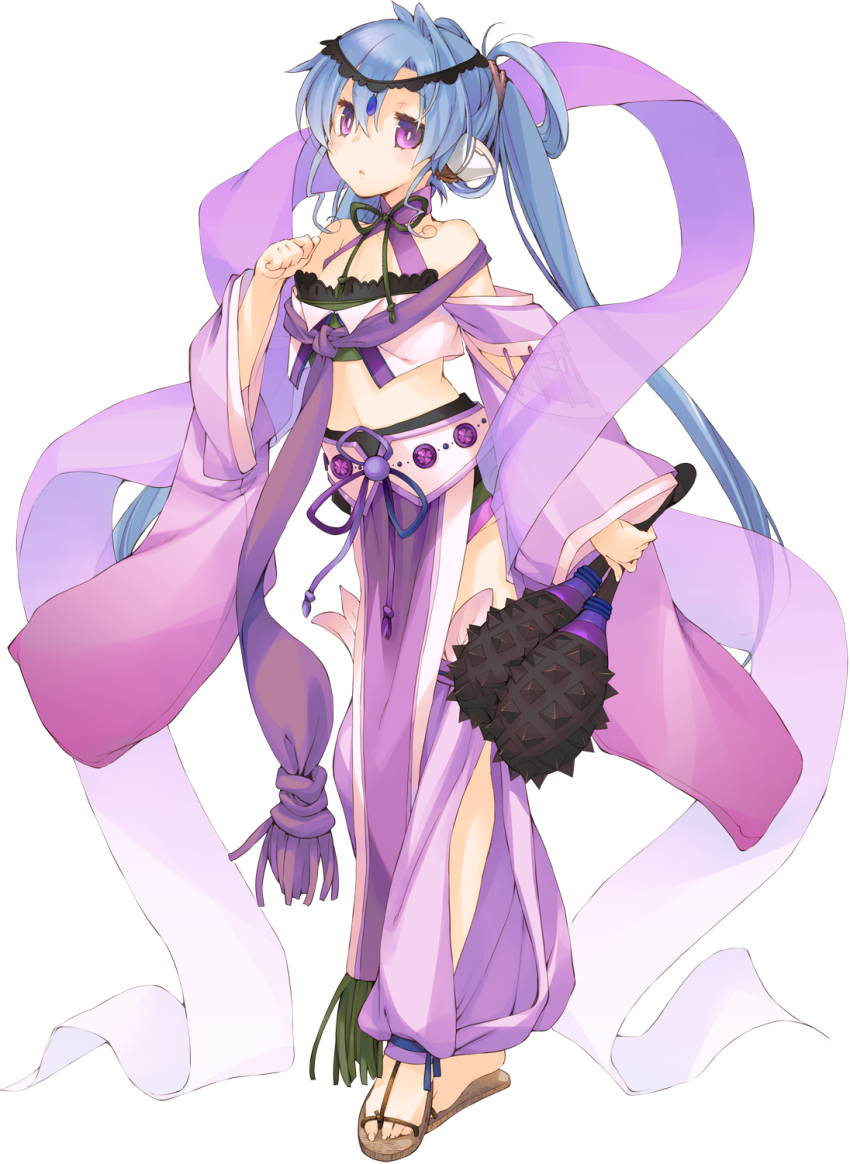 1girl :o aquaplus blue_hair breasts bright_pupils cleavage clenched_hand dancer dungeon_travelers_2 full_body highres holding ist kokonoka long_hair midriff official_art sandals solo transparent_background violet_eyes