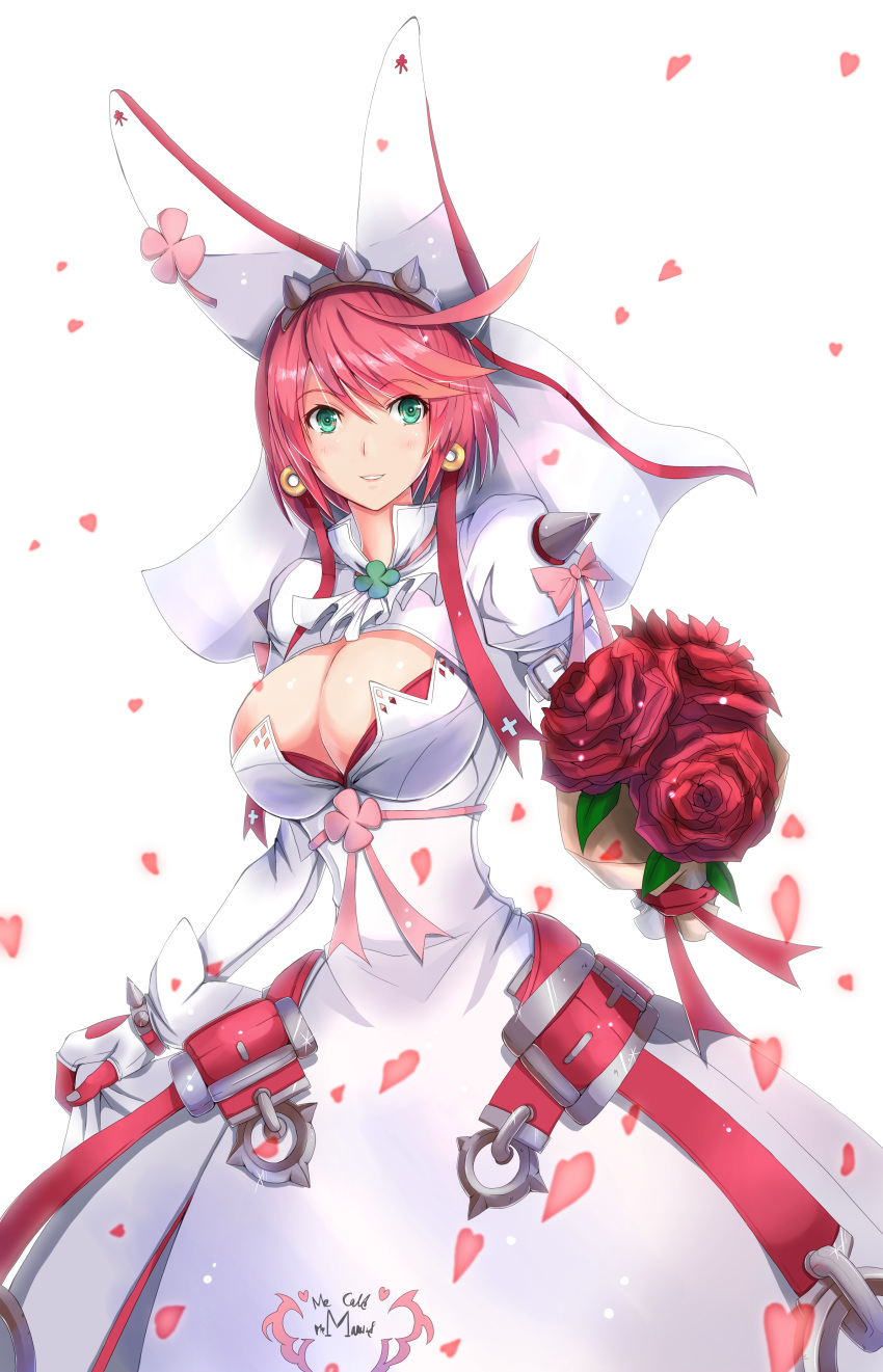 1girl ahoge arc_system_works blush bouquet breasts bridal_veil cleavage clover dress earrings elphelt_valentine flower four-leaf_clover gloves green_eyes guilty_gear guilty_gear_xrd jewelry large_breasts long_sleeves looking_at_viewer luna_(gunfire) parted_lips pink_hair red_rose ribbon rose shiny shiny_clothes shiny_hair short_hair smile solo spikes veil wedding_dress white_dress