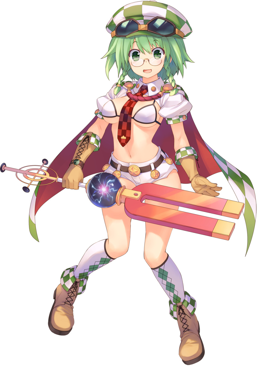 1girl aquaplus bikini_top boots braid capelet checkered dungeon_travelers_2 front_braid full_body glasses gloves goggles goggles_on_head green_eyes green_hair hat highres holding kneehighs long_hair looking_at_viewer magnet monica_macy navel necktie official_art open_mouth rimless_glasses short_shorts short_sleeves shorts solo sumaki_shungo transparent_background
