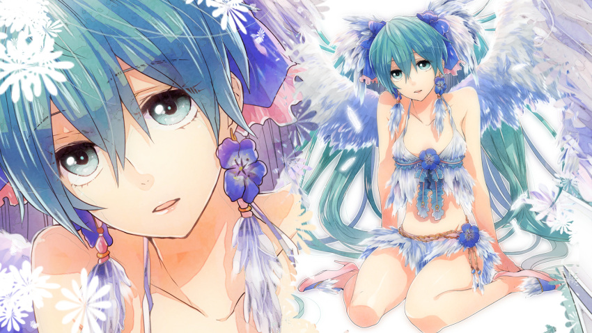 1girl aqua_eyes aqua_hair feathers female flower hatsune_miku high_res irono_yoita long_hair solo twintails very_long_hair vocaloid wings