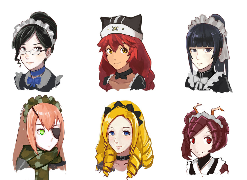 6+girls bass386 black_eyes black_hair blonde_hair blue_eyes braid collar cz2128_delta dark_skin drill_hair entoma_vasilissa_zeta eyepatch frills glasses green_eyes lupusregina_beta maid maid_headdress multiple_girls narberal_gamma overlord_(maruyama) pink_hair ponytail red_eyes redhead ribbon scarf smile solution_epsilon twin_braids yellow_eyes yuri_alpha