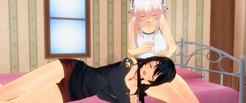 2girls 3d bare_shoulders black_hair breasts closed_eyes custom_maid_3d_2 ear_cleaning fujimi_suzu hand_on_another's_head headphones highres lap_pillow large_breasts long_hair lying mimikaki multiple_girls nitroplus on_side open_mouth pink_hair sitting super_sonico uld_macaron