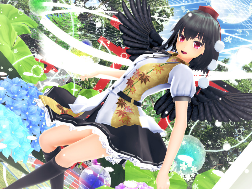 1girl 3d black_skirt black_wings breasts commentary_request flower hat highres hydrangea kurogoma_(glassesgurasan) medium_breasts mikumikudance shameimaru_aya skirt solo tokin_hat touhou wings