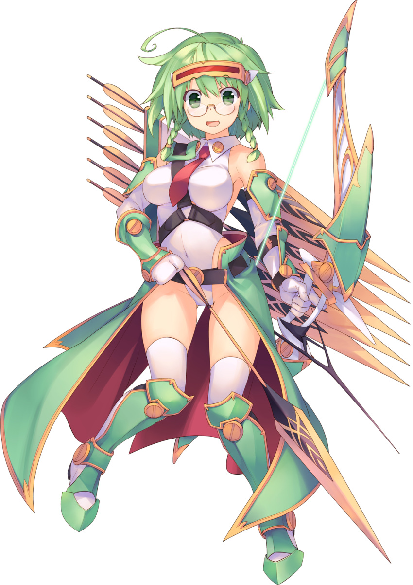 1girl ahoge aquaplus armor armored_boots arrow boots bow braid dungeon_travelers_2 front_braid full_body glasses green_eyes green_hair highleg highleg_leotard highres leotard long_hair looking_at_viewer monica_macy necktie official_art rimless_glasses sumaki_shungo thigh-highs transparent_background