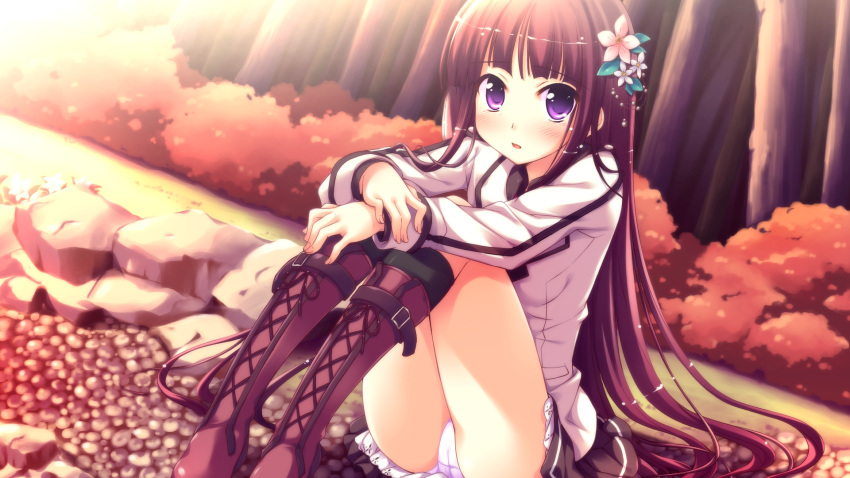 1girl boots flower highres iro_ni_ide_ni_keri_waga_koi_wa ko~cha panties purple_hair school_uniform tenjou_kikyou underwear violet_eyes windmill