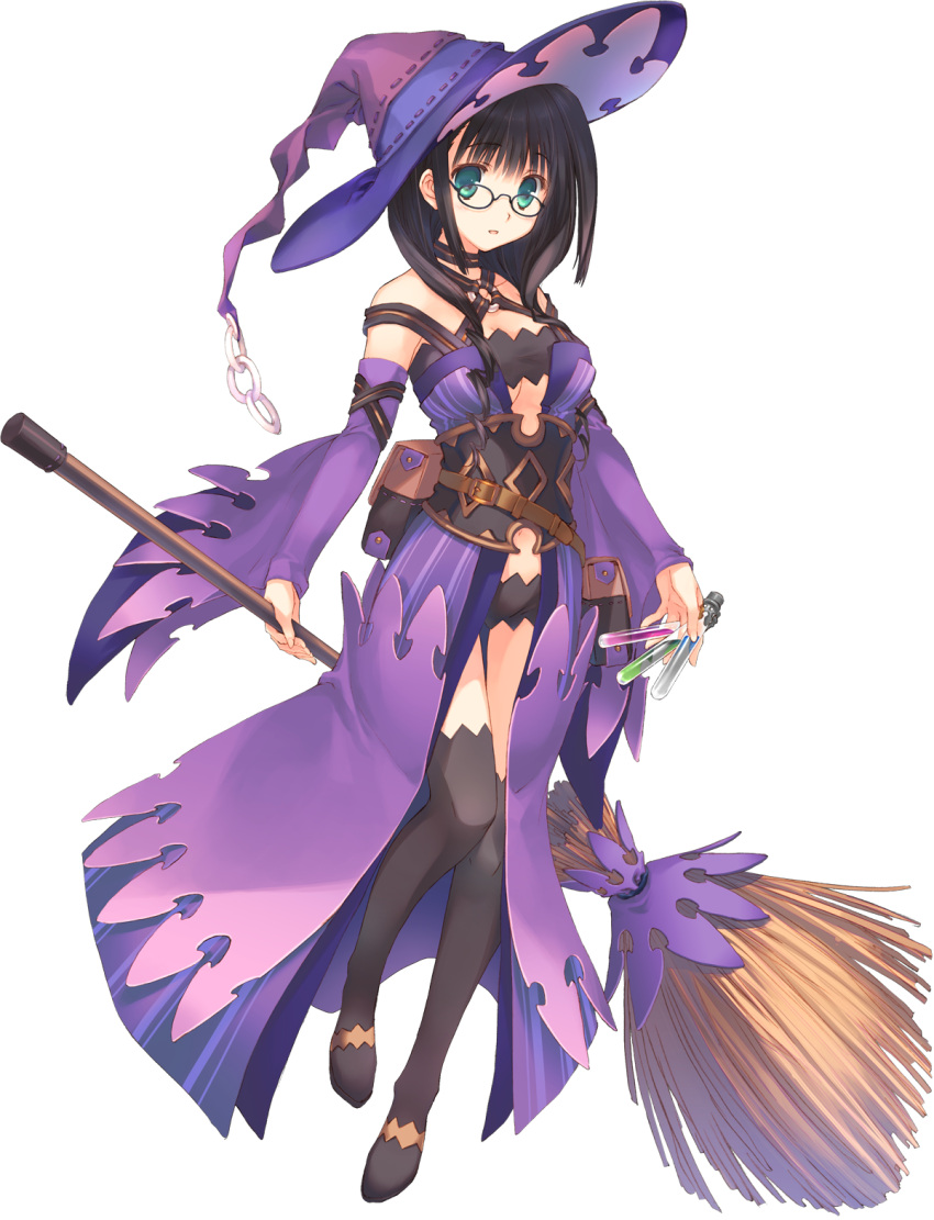 1girl aqua_eyes aquaplus bare_shoulders belt belt_pouch black_hair broom collar dress dungeon_travelers_2 glasses hat highres holding long_hair melvy_de_florencia mitsumi_misato open_mouth shorts solo standing test_tube thigh-highs wide_sleeves witch_hat