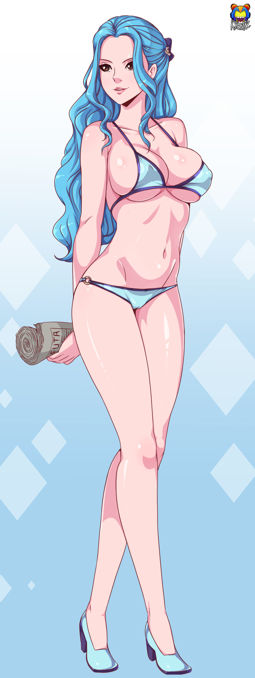 1girl bikini blue_hair breasts female full_body hair_slicked_back kyoffie large_breasts looking_to_the_side nefertari_vivi one_piece smile solo standing swimsuit