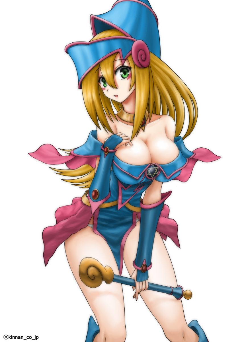 1girl blonde_hair breasts cleavage dark_magician_girl downblouse duel_monster green_eyes high_res highres large_breasts long_hair looking_at_viewer pentacle smile solo staff underwear yu-gi-oh! yuu-gi-ou_duel_monsters