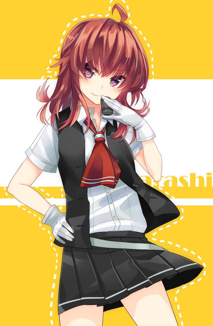 1girl absurdres ahoge arashi_(kantai_collection) arm_up ascot black_vest buttons character_name closed_mouth depth_charge english eyebrows eyebrows_visible_through_hair gloves hair_between_eyes hand_on_hip highres kantai_collection pink_eyes redhead shirt short_sleeves skirt solo unbuttoned vest white_gloves white_shirt wing_collar