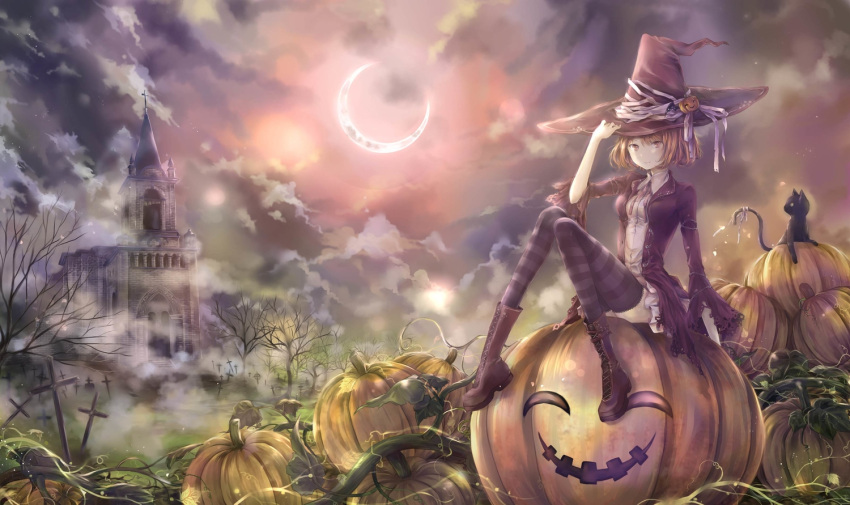 1girl animal blonde_hair boots cat clouds cross halloween hat md5_mismatch mio_(pixiv6572033) moon original pumpkin resized short_hair shrine thigh-highs tree violet_eyes witch witch_hat