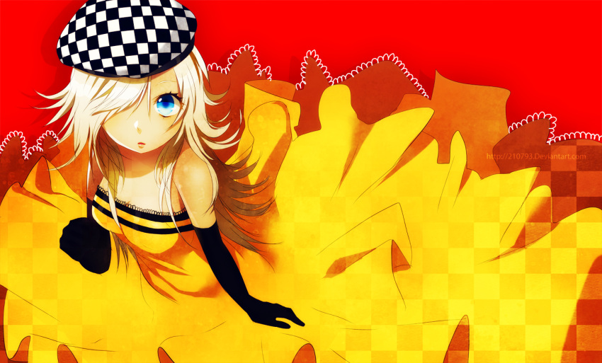 1girl bare_shoulders black_gloves blonde_hair blue_eyes checkered dress elbow_gloves female gloves hat lipstick long_hair looking_at_viewer makeup original peek-a-boo_bang red_background simple_background solo striped striped_print wan_(waname) web_address white_dress white_hair white_outfit yellow_dress yellow_outfit